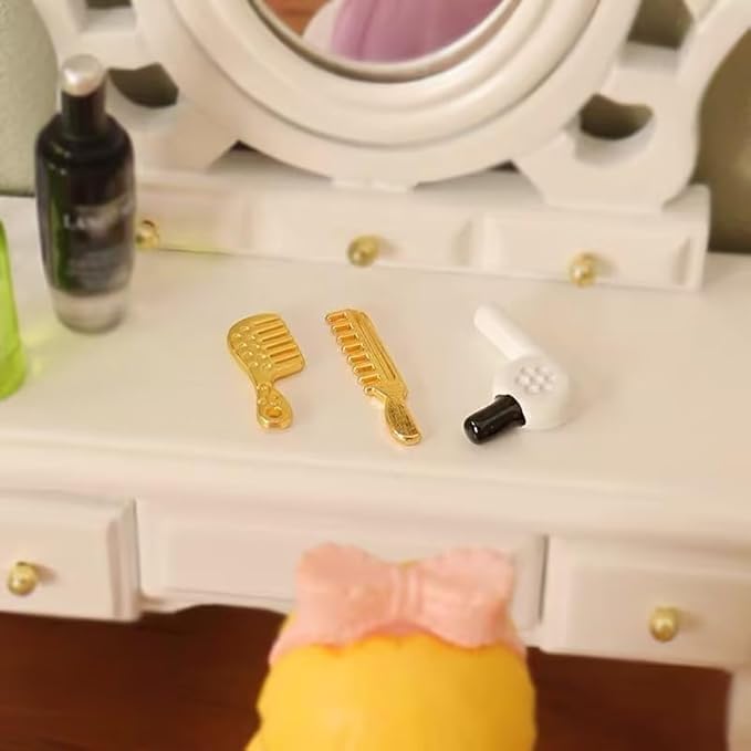 4Pcs Miniature Comb Hair Dryer Mirror Makeup Set /12 Dollhouse Decorations Hair Dryer Dollhouse Mirror Miniature Bathroom Accessory Furniture