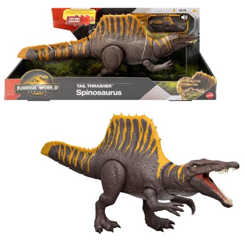 Mattel Jurassic World Rebirth Dinosaur Toy, Tail Thrasher Spinosaurus Action Figure with 2 Attack Moves, Movie-Accurate & Posable, Digital Play