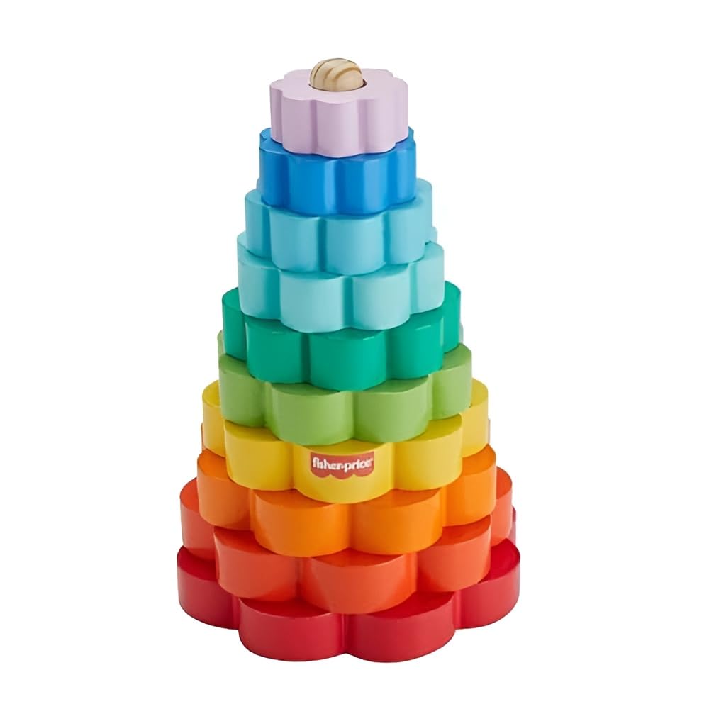 Fisher-Price Wood Toddler Toy Ring Stacker, 10-Piece Wooden Stacking Activity for Fine Motor Skills Play Kids Ages 18+ Months