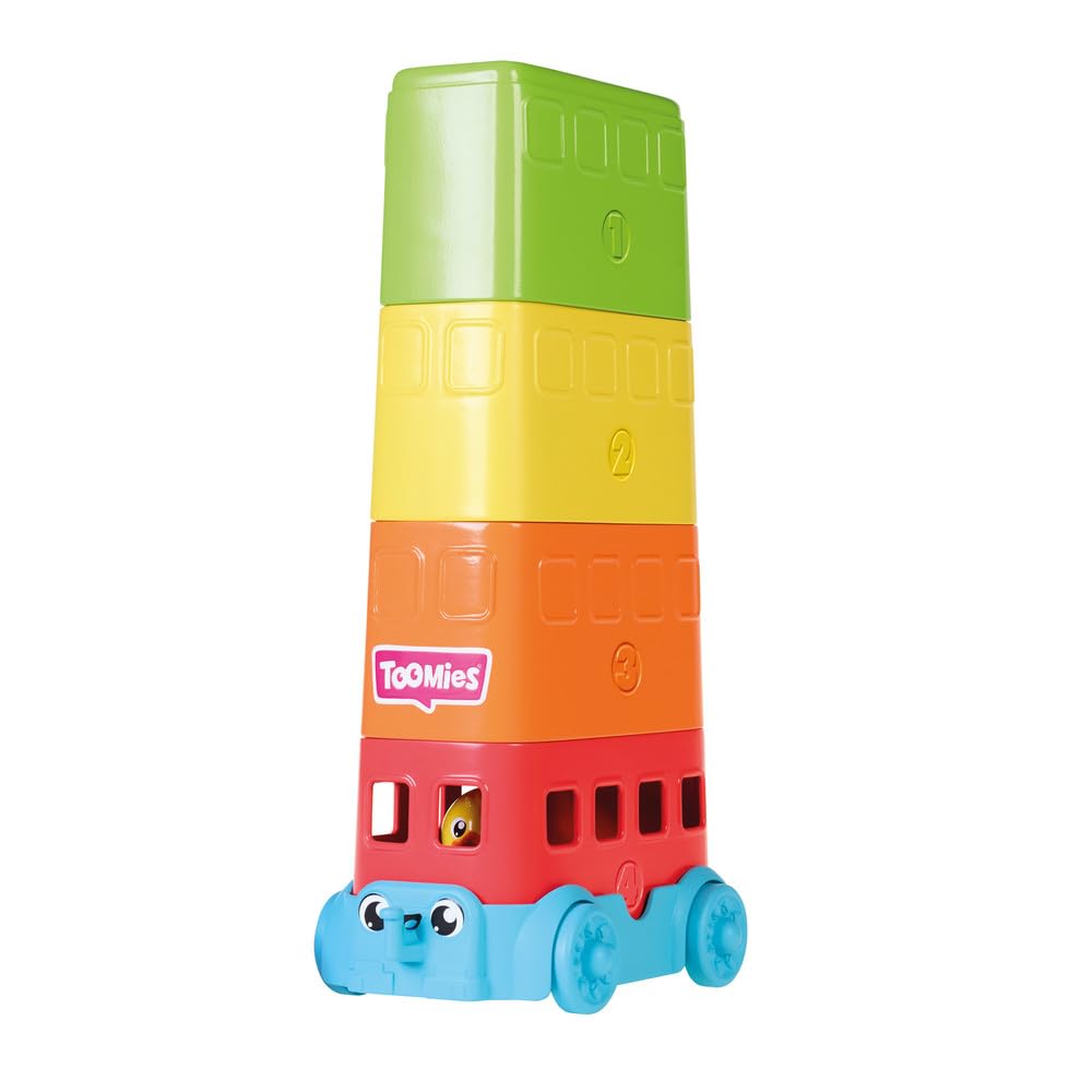 Toomies E73220C Tomy Hide & Squeak Stacker Decker Bus, Push-Along Colours and Sounds, Stacking and Sorting Babies, Educational Toddler Toy for Boys