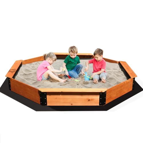 FUNTOK 85''x85''x9'' Octagon Sandbox for Kids, Large Natural Wooden Sandpit with 4 Benches, Bottom Liner, PVC Cover, 198 Lbs Weight Capacity, Sand Box