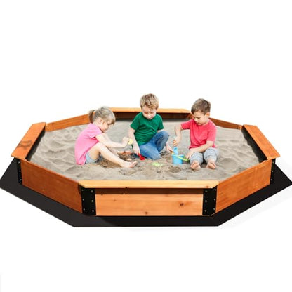 FUNTOK 85''x85''x9'' Octagon Sandbox for Kids, Large Natural Wooden Sandpit with 4 Benches, Bottom Liner, PVC Cover, 198 Lbs Weight Capacity, Sand Box