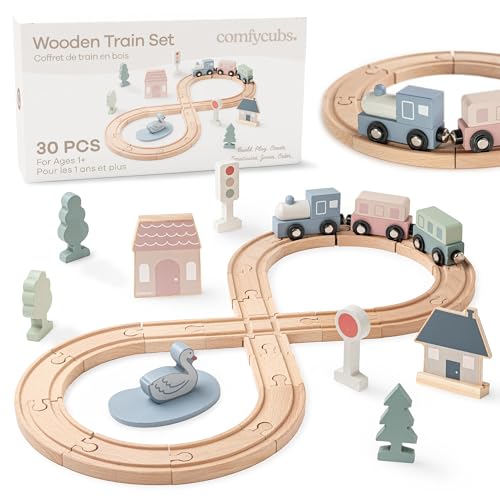 Comfy Cubs 30-Piece Wooden Train Set for Toddlers Ages 1+, Fun & Eco Friendly Toddler Train Set with Wooden Toy Tracks - Creative Toy Town Promoting