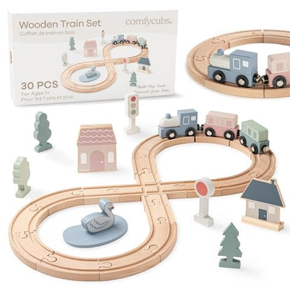 Comfy Cubs 30-Piece Wooden Train Set for Toddlers Ages 1+, Fun & Eco Friendly Toddler Train Set with Wooden Toy Tracks - Creative Toy Town Promoting