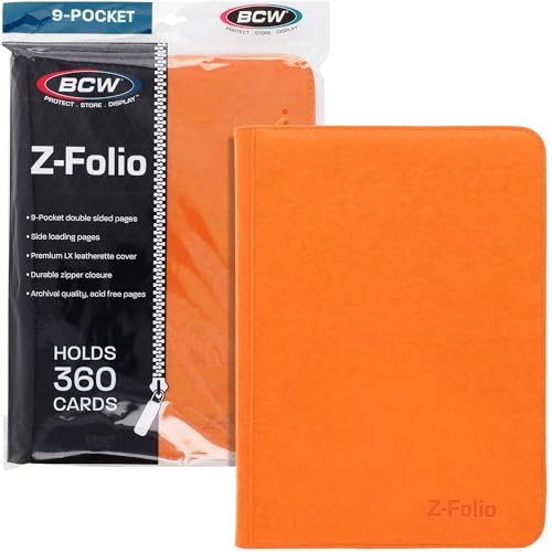 BCW Z-Folio 9-Pocket LX Album - Orange | Secure Zipper Card Organizer | Premium Leatherette Card Collection Binder | Trading Card Binder for Pokemon