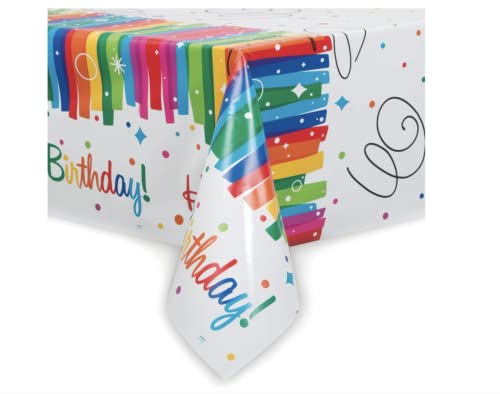 Multicolor Rainbow Ribbons Birthday Plastic Rectangular Table Cover (54" x 84"), Chic Design & Reusable - Perfect For Parties & Celebrations, Pack