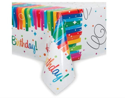 Multicolor Rainbow Ribbons Birthday Plastic Rectangular Table Cover (54" x 84"), Chic Design & Reusable - Perfect For Parties & Celebrations, Pack