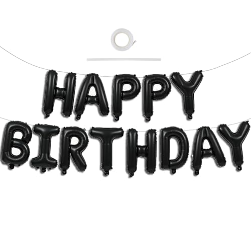 TONIFUL Black Happy Birthday Balloons Banner Decoration 16 Inch Mylar Foil Letters Birthday Sign Banner Bunting Reusable for 30th 40th 50th 60th Men