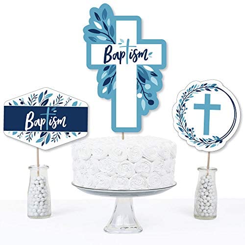Big Dot of Happiness Baptism Blue Elegant Cross - Boy Religious Party Centerpiece Sticks - Table Toppers - Set of 15