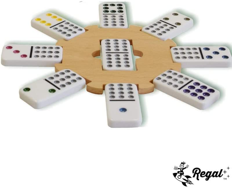 Regal Games Mexican Train Double 15 Dominoes Set for Adults & Kids - Domino Game with 136 Tiles Colored Dots & 8 Metal Trains - 2-8 Player Games