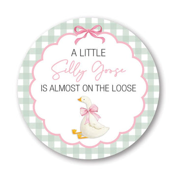 A Little Silly Goose is Almost on The Loose, Baby Shower Sticker, Gingham Pattern with Goose Theme, Round Label - Set of 40 (Pink)