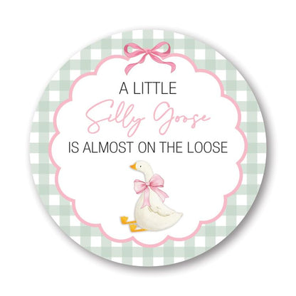 A Little Silly Goose is Almost on The Loose, Baby Shower Sticker, Gingham Pattern with Goose Theme, Round Label - Set of 40 (Pink)