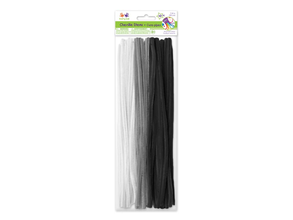Colorful Fuzzy Craft Sticks Pipe Cleaners - 40 Count - 12 Inches Long (Black White Gray Mix)