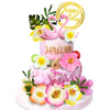 Flamingo Cake Toppers Summer Cake Decorations with Flower Palm Leaf Cake Toppers for Tropical Hawaiian and Beach Theme (Style1)