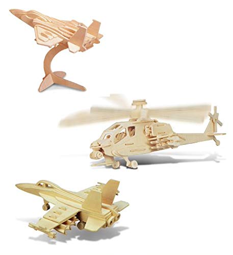 Puzzled Bundle of Aircrafts: F-15, Apache, & F-18 Wooden 3D Puzzles Construction Kits - Fun & Educational DIY Combat Toys, Assemble Model Unfinished