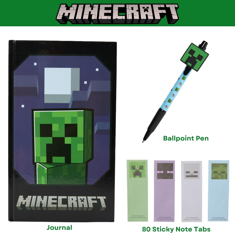 Innovative Designs Minecraft Stationery Set for Kids, Minecraft Journal, Stickers, Ballpoint Pen, Sticky Tabs, 60 Lined Pages