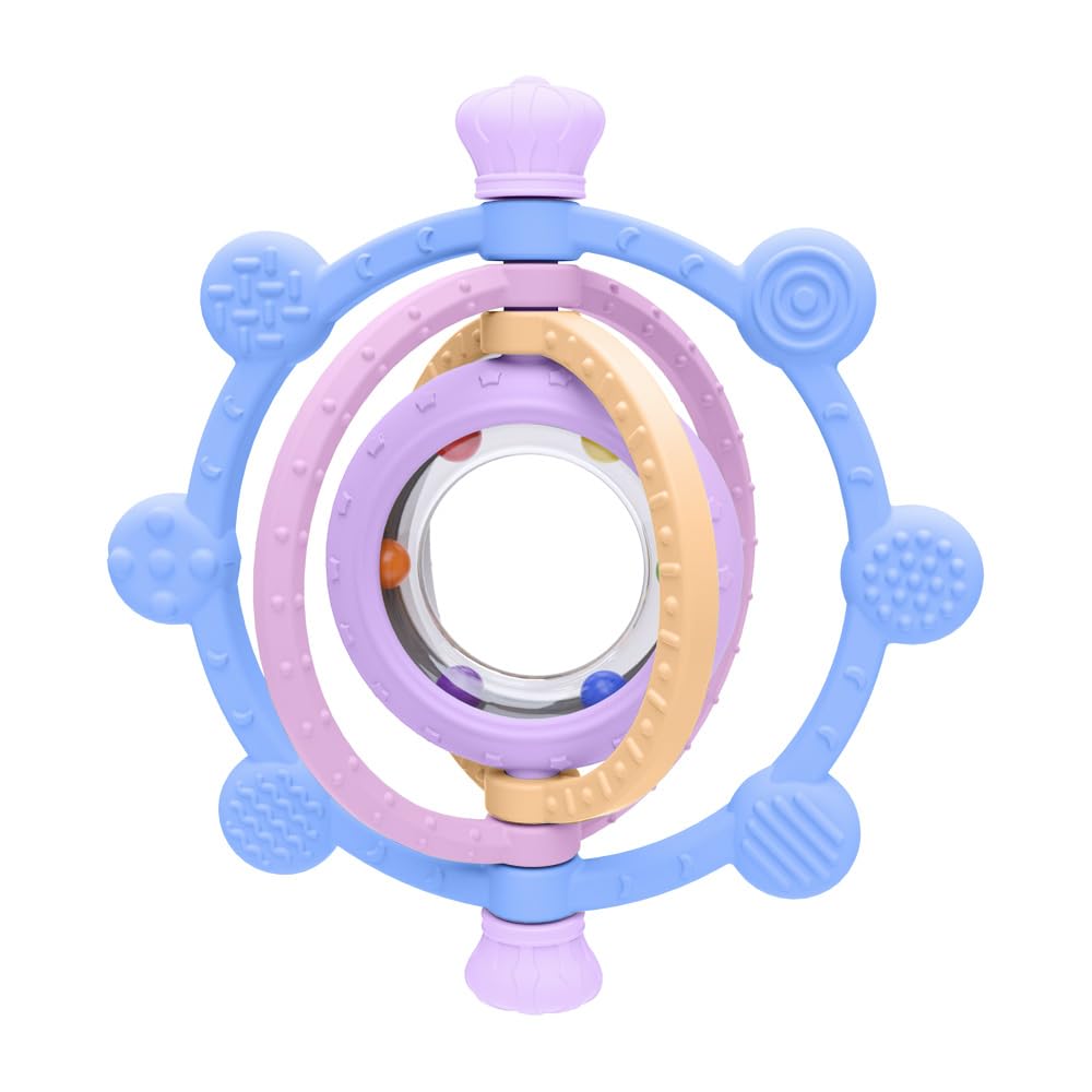 Rotatable Silicone Teether Toy for Babies Over 3 Months -BPA Free, Food Grade Infant Teething Toy with Rattle Ring, Multi Textures Colorful Teethers