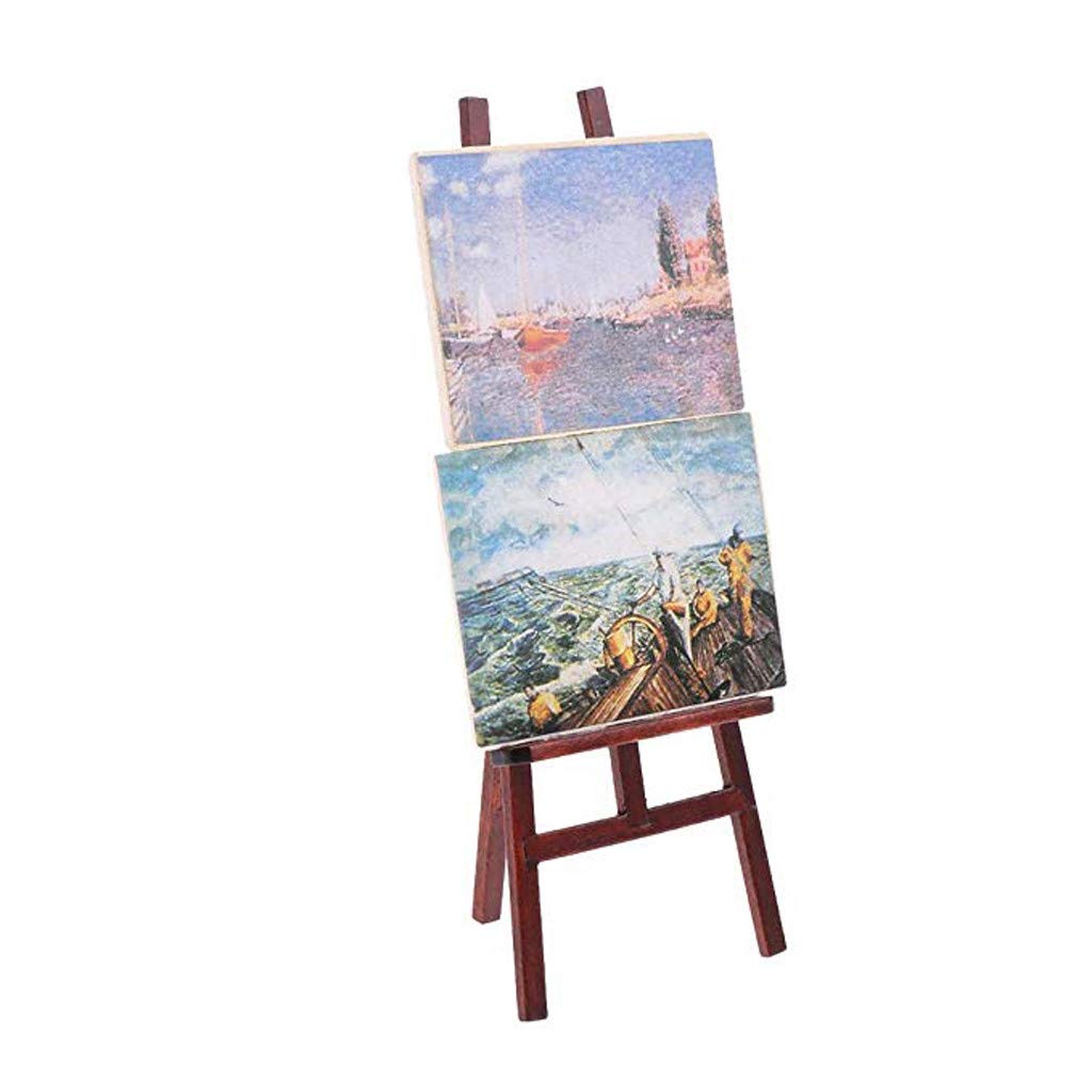SXFSE Dollhouse Decoration Accessories, 1/12 Dollhouse Miniature Wooden Easel Oil Painting Set