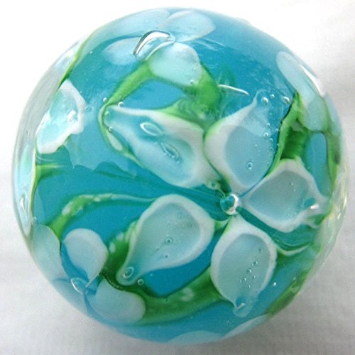 Big Game Toys~22mm (7/8") Hibiscus Hand Made Art Glass Marble w/Stand Turquoise/Blue/White Flower