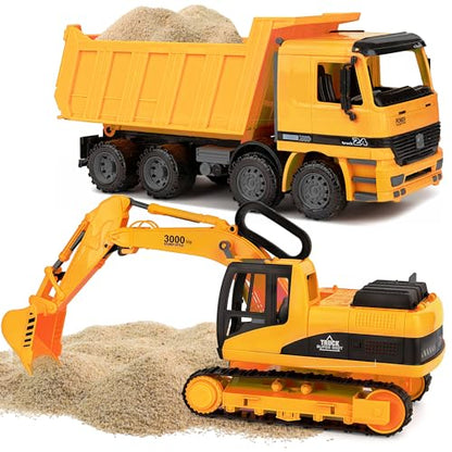 Toy To Enjoy Construction Toys - Excavator & Dump Truck Toy for Kids (Set of 2) - Moveable Claw & Lifting Back - Garbage Truck & Bulldozer Digger