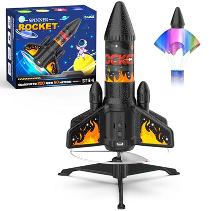 Ovaasy Rocket Launcher for Kids, 200 ft Self Launching Motorized Rocket Toy with LED and Safety Parachute Land, Outdoor Toys Cool Birthday for Boys