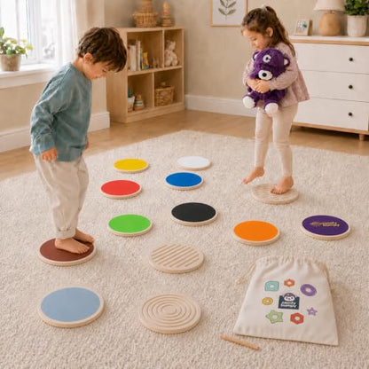 ComfyBumpy Wooden Stepping Stones for Kids | Set of 13 Montessori Stepping Stones for Toddlers - Double-Sided Stepping Stone Kit with Colors, Engraved