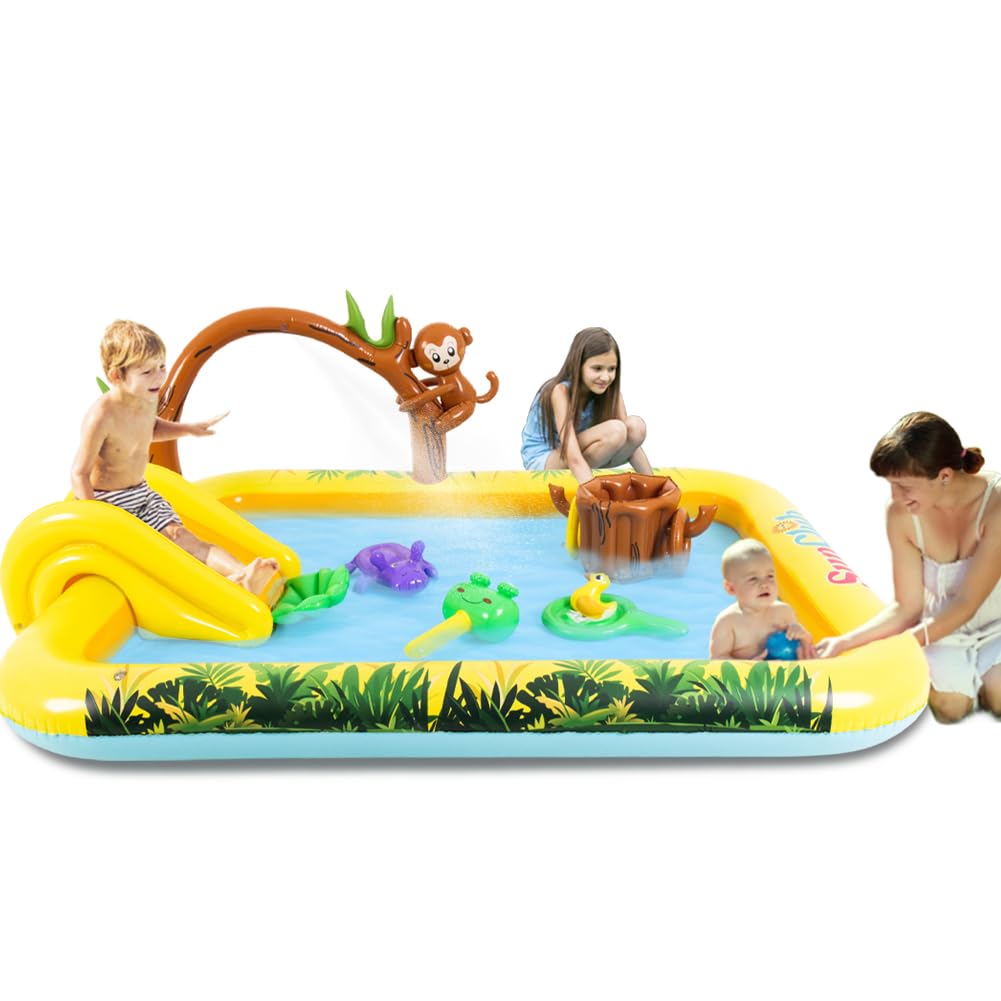 Inflatable Jungle Animal Play Center Outdoor Playhouse Inflatable Water Park with Kid Pool Slide, Sprinkler Toy with Base Pool, Monkey, Tree Stump