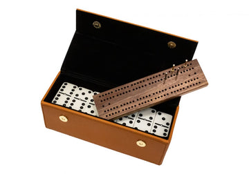 Alex Cramer Traveling Spinners Domino Set. Caramel Leather Case - Tournament Traveler Personalized - with Spinners - 28 Indestructible Double-Six