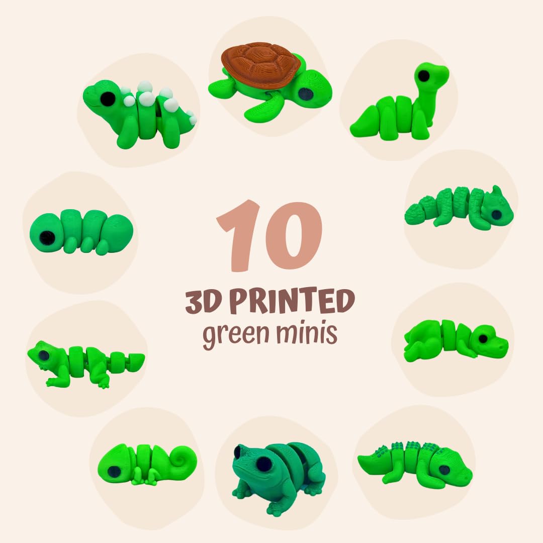 10-Piece Mini Fidget Green Animals - Cute Little Articulated Fidget Toy Figures, Flexible, Fun for Office, Class, Work, or Decoration