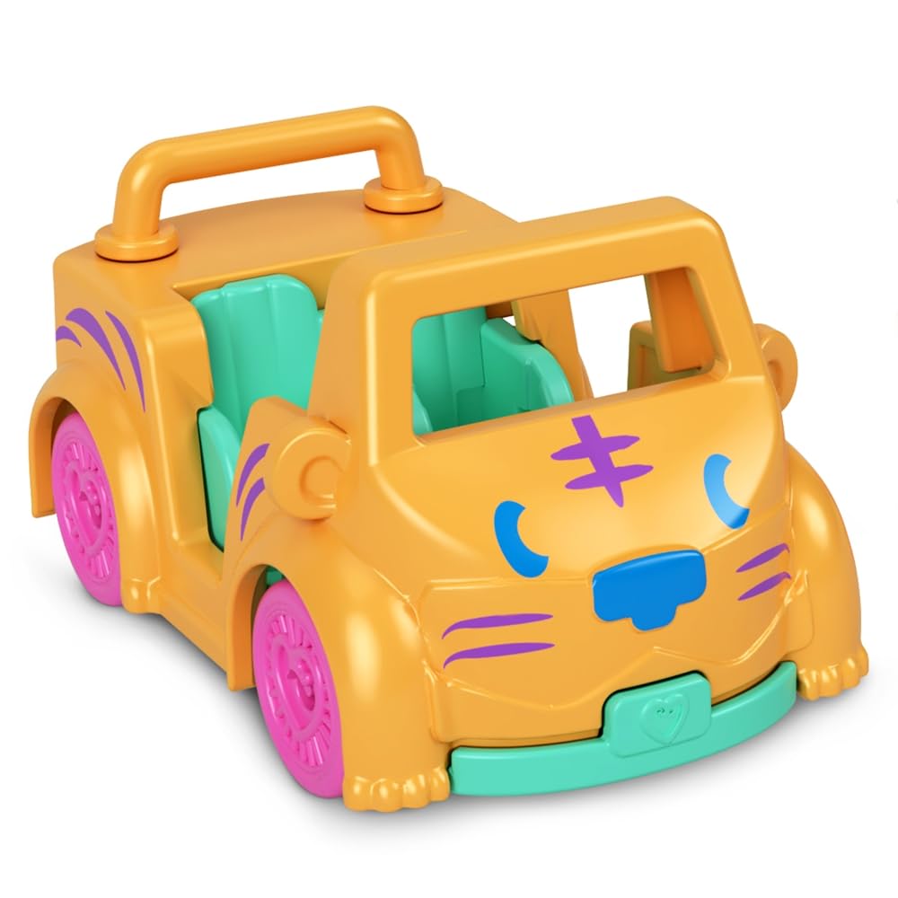 Polly Pocket Collectible Micro Mini Metal Vehicle, Poseable Doll and Pet Set - Kerstie Kitty with Kitty Cat Orange Convertible Car and Yellow Kitten