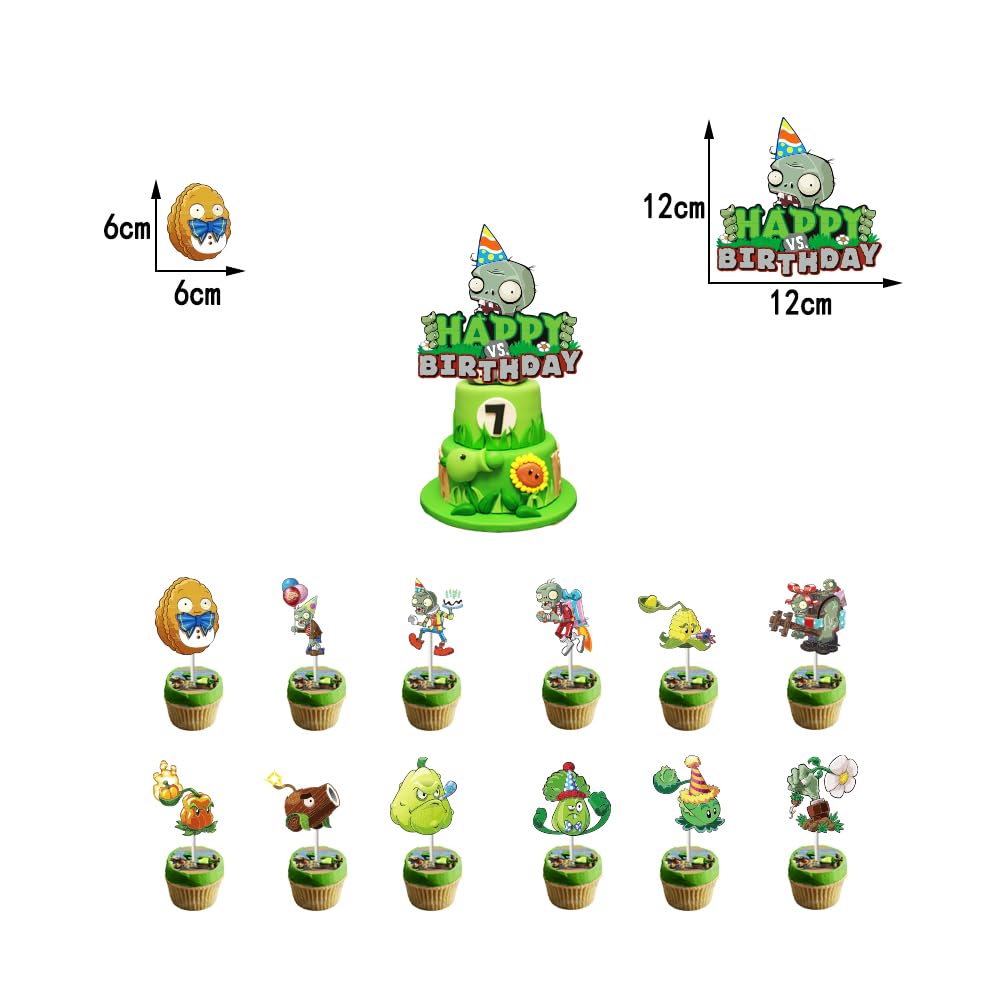 Plant vs. Zom-bies Party Backdrop Party Banner, Cake Topper, Cupcake Topper, Cup Cake Wrappers, Zombies Hanging Swirls and PVSZ Balloons for PVSZ