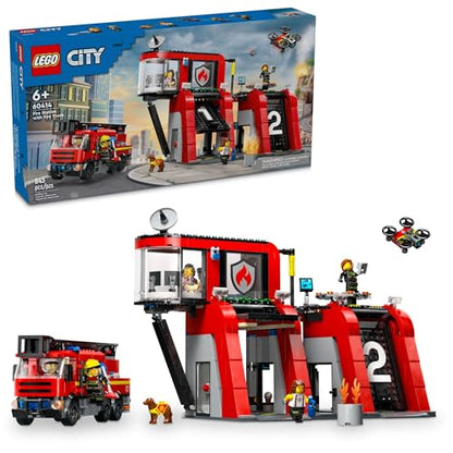 LEGO City Fire Station with Fire Truck Toy - Kids Toy Building Sets with 2 Fire Truck Attachments - Gifts for Boys & Girls Ages 6+ - Pretend Play Set