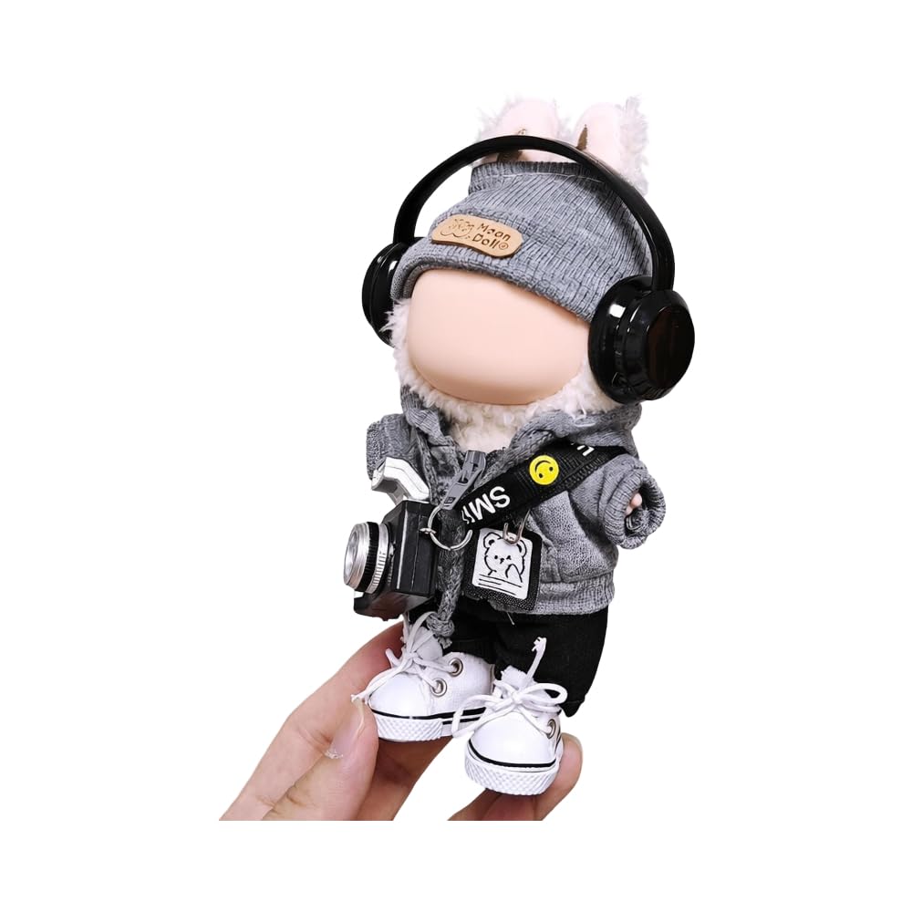 7pcs Outfit for Labubu 17cm Doll Cloth Set LBB Clothing and Accessories Hoodie Pants Shoes Hat Glasses Camera Headphone (No Doll)