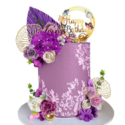 Flower Cake Toppers Purple Cake Decorations with Artificial Flowers Eucalyptu Leaves for Birthday Wedding Supplies (Purple)