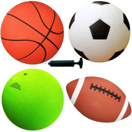AppleRound 4-Pack Sports Balls for Toddlers & Kids with Pump - 5-Inch Soccer Ball, Basketball, Playground Ball & 6.5-Inch Football - Soft Small Balls