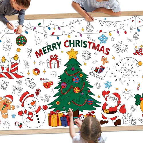 Giant Merry Christmas Coloring Poster - Large Christmas Tree Coloring Tablecloth, DIY Xmas Table Cloth Jumbo Banner Paper Craft for Gifts Activities