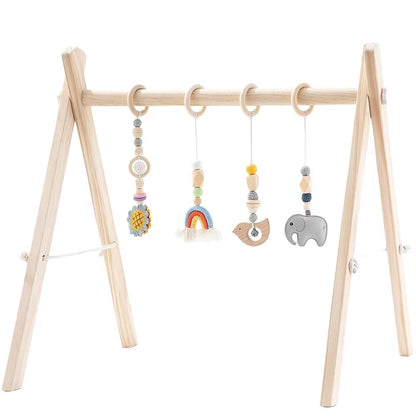 Toyking Foldable Wooden Baby Play Gym with 4 Sensory Hanging Toys, Montessori Infant Activity Frame for 0-12 Months
