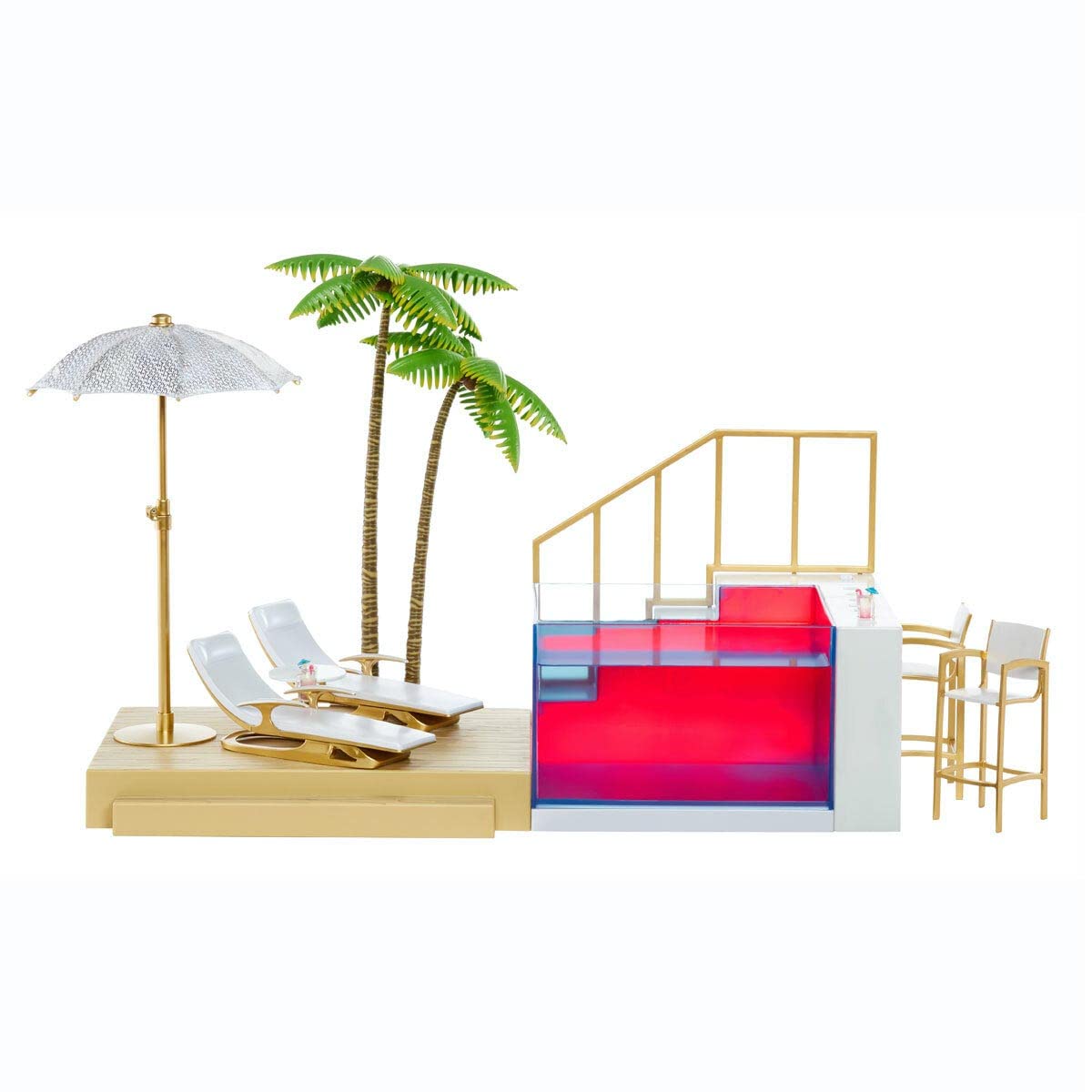 Rainbow High Color Change Playset: 7-in-1 Light-Up Multicolor Changing Pool, Adjustable Umbrella, and Pool Accessories. Fits 7 Fashion Dolls, Toy Gift