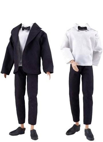 E-TING 10-Item Fantastic Pack = 1 Black-tie Suit with a Shirt + 3 Sets of Casual Wear Clothes Outfit + 1 pc Swim Trunks + 5 Pairs Shoes for 12inches
