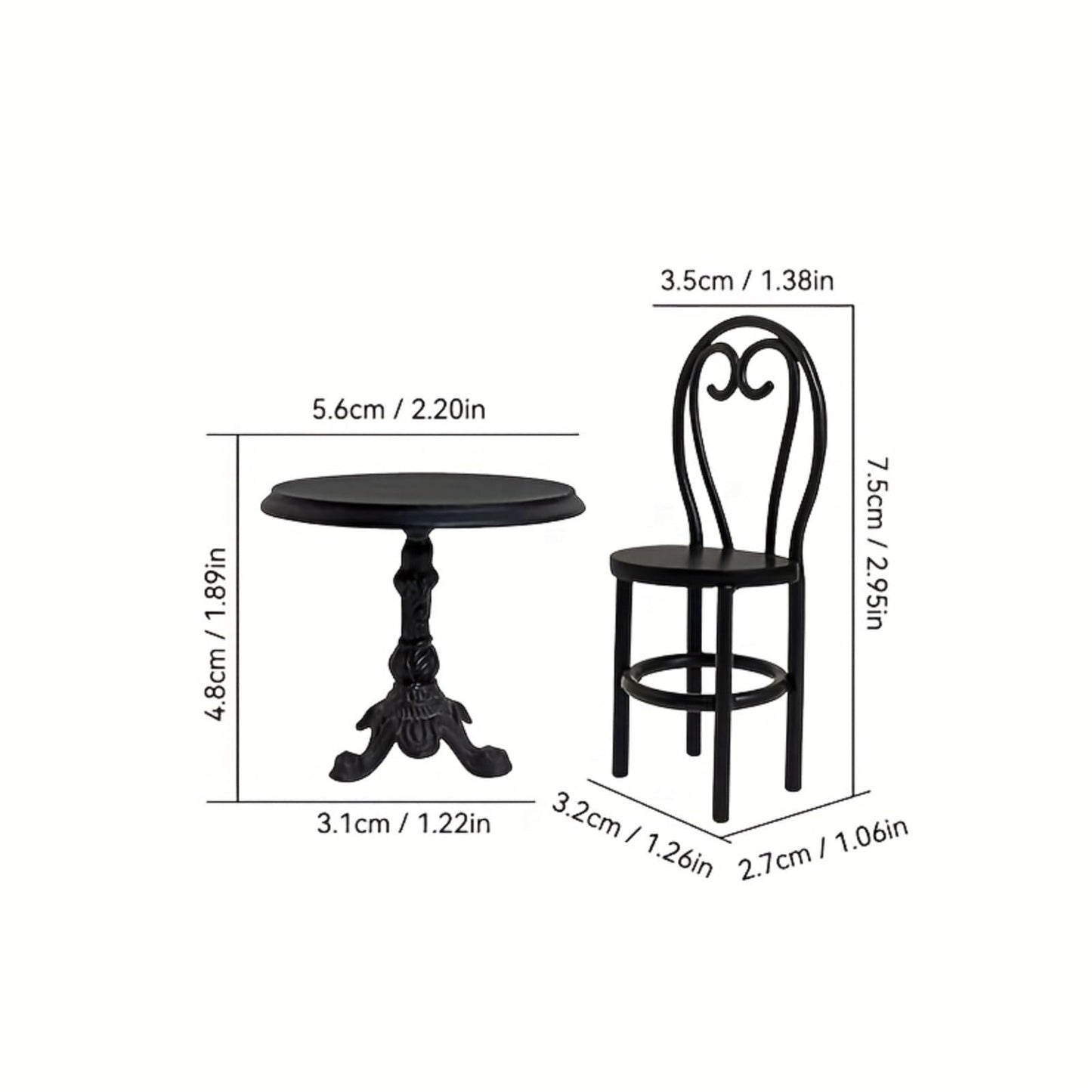 1:12 Miniature Dining Table and Chairs Set, Set of 3 Dollhouse Furniture, Decoration in Miniature (Black)