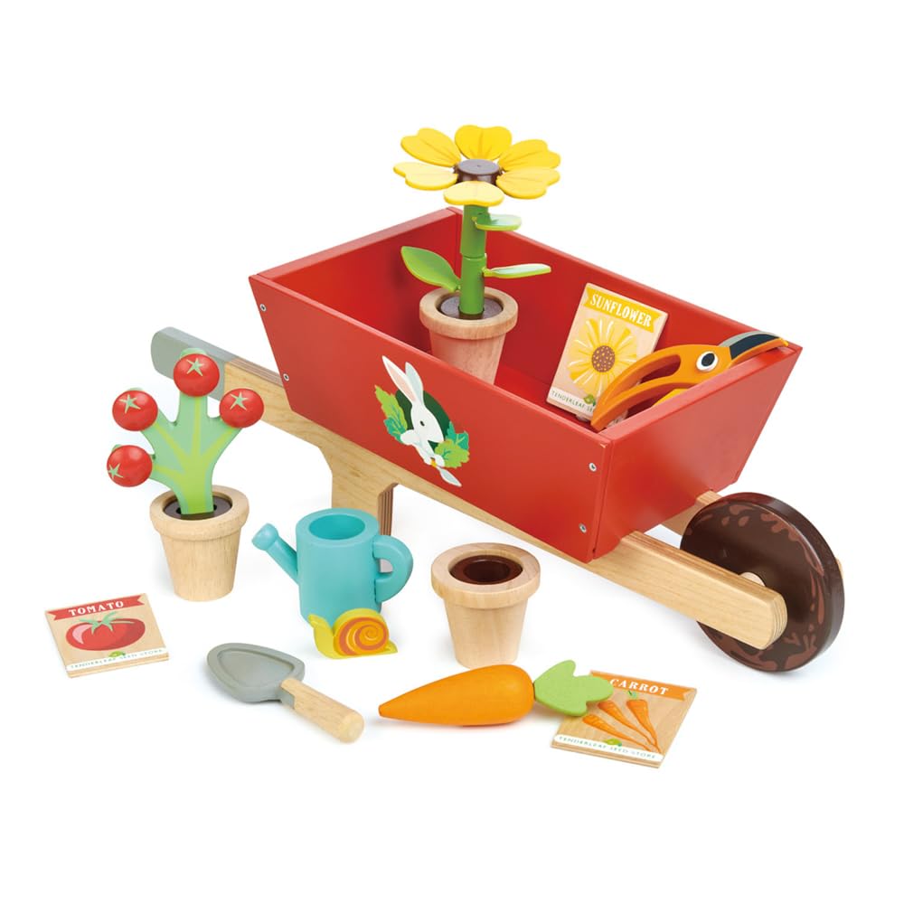 Tender Leaf Toys Garden Wheelbarrow Set - Deluxe Wooden Gardening Toy with Tools & Accessories - Supports Learning, Creativity & Outdoor Role Play