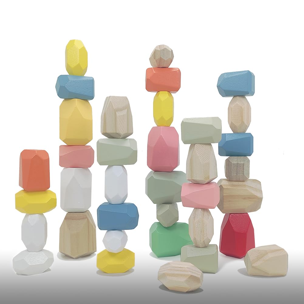 Kayzyue Wooden Stacking Rocks Building Blocks Set, 36 Pcs Montessori Stacking Game Sensory Learning Activities Balancing Stones Birthday Gifts