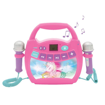 LEXiBOOK Unicorn - Portable Karaoke Digital Player for Kids - Microphones, Light Effects, Bluetooth, Record and Voice Changer Functions, Rechargeable