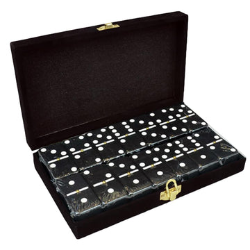 Marion Domino Double 6 Custom Engraved and Hand Painted Black Jumbo Tournament Size with Spinners in Elegant Black Velvet Case.