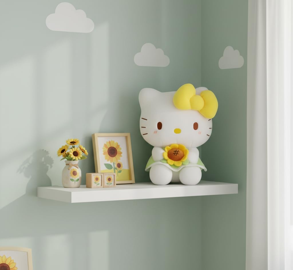 AlphaDesignLuxe 13? Kitty Plush Toy - Kawaii Cat Stuffed Animal with Yellow Bow & Sunflower, Soft Plush Doll Gift for Kids, Teens & Collectors