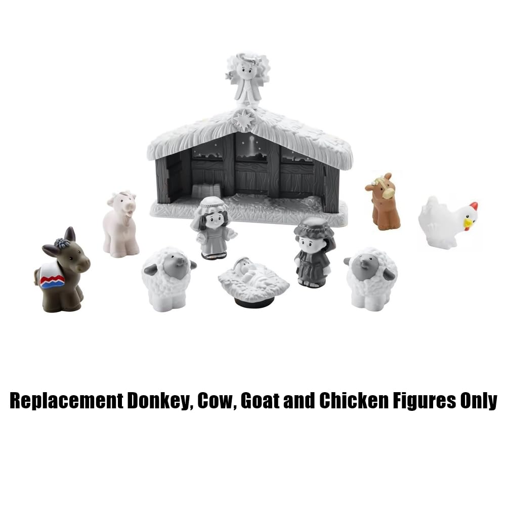 Mattel Replacement Parts for Little-People Christmas Nativity Playset - Replacement Donkey, Cow, Goat and Chicken ~ Works with FPT07, DPX53, J2404 and