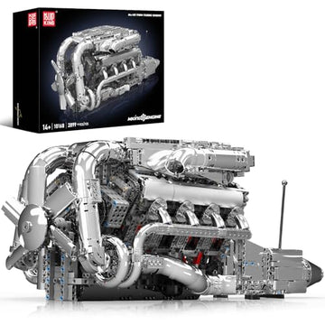 Mould King V8 Twin-Turbo Engine Model Kit That Runs, Mini Engines Building Blocks Set for Adults with Battery and Motor, Engineering Construction STEM