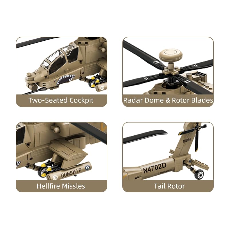 Apostrophe Games AH-64 Apache Helicopter Building Block Set - 259 Pieces - Air Force Plane, Ages 10+