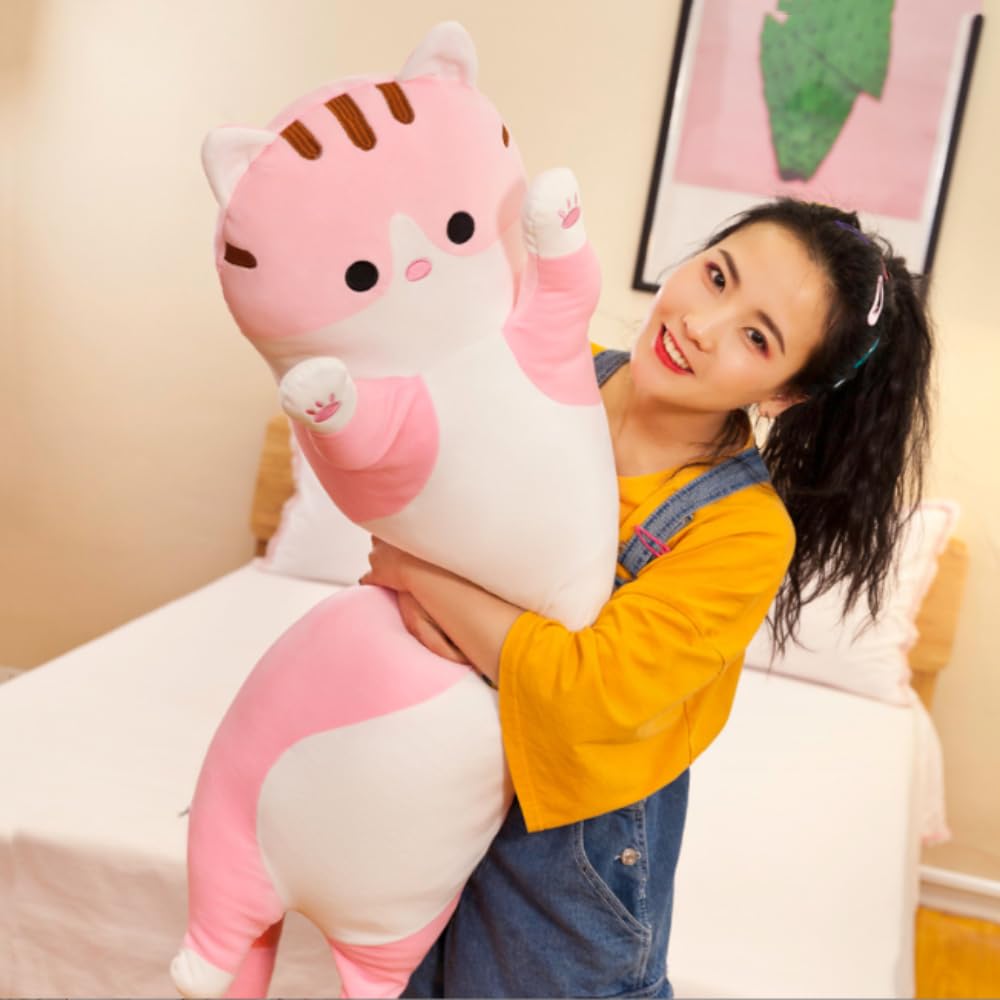 OPHRBU Long Plush cat Pillow, Soft and Cosy, Suitable for Birthday, Party, 1 Piece (27.5Inch, Pink)
