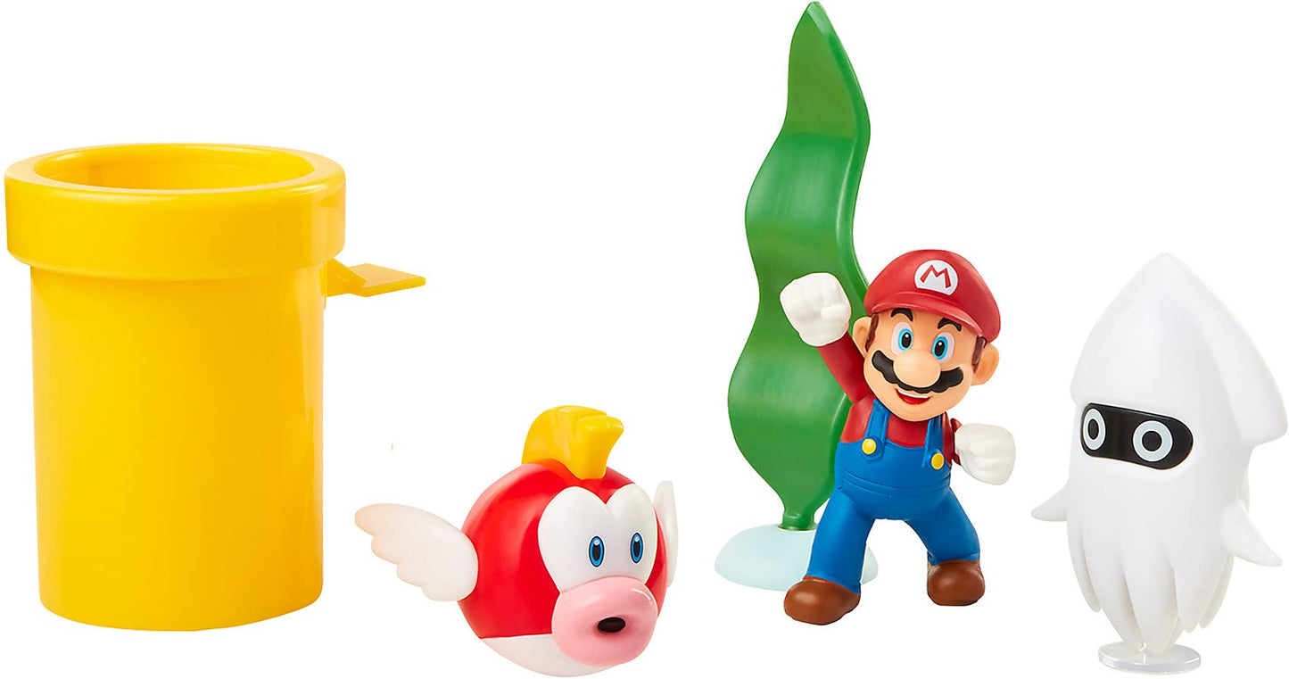 Nintendo Super Mario Underwater 2.5" Figure Diorama Play Set, Includes: Mario, Cheep-Cheep, Blooper, Mechanical Warp Pipe, Spinning Water Plant & Two